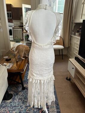Nightcap Clothing White Lace Maxi Dress Size M Ruffle Cap Sleeve High Low Boho